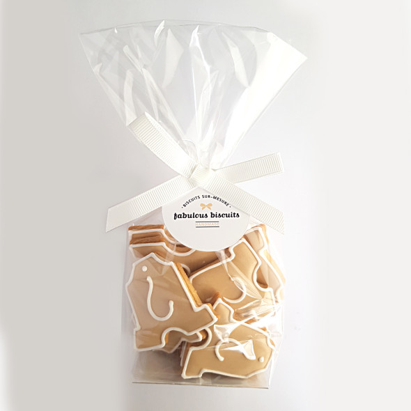 Sachet de biscuits pour gender reveal party. Fabrication Fabulous biscuits.